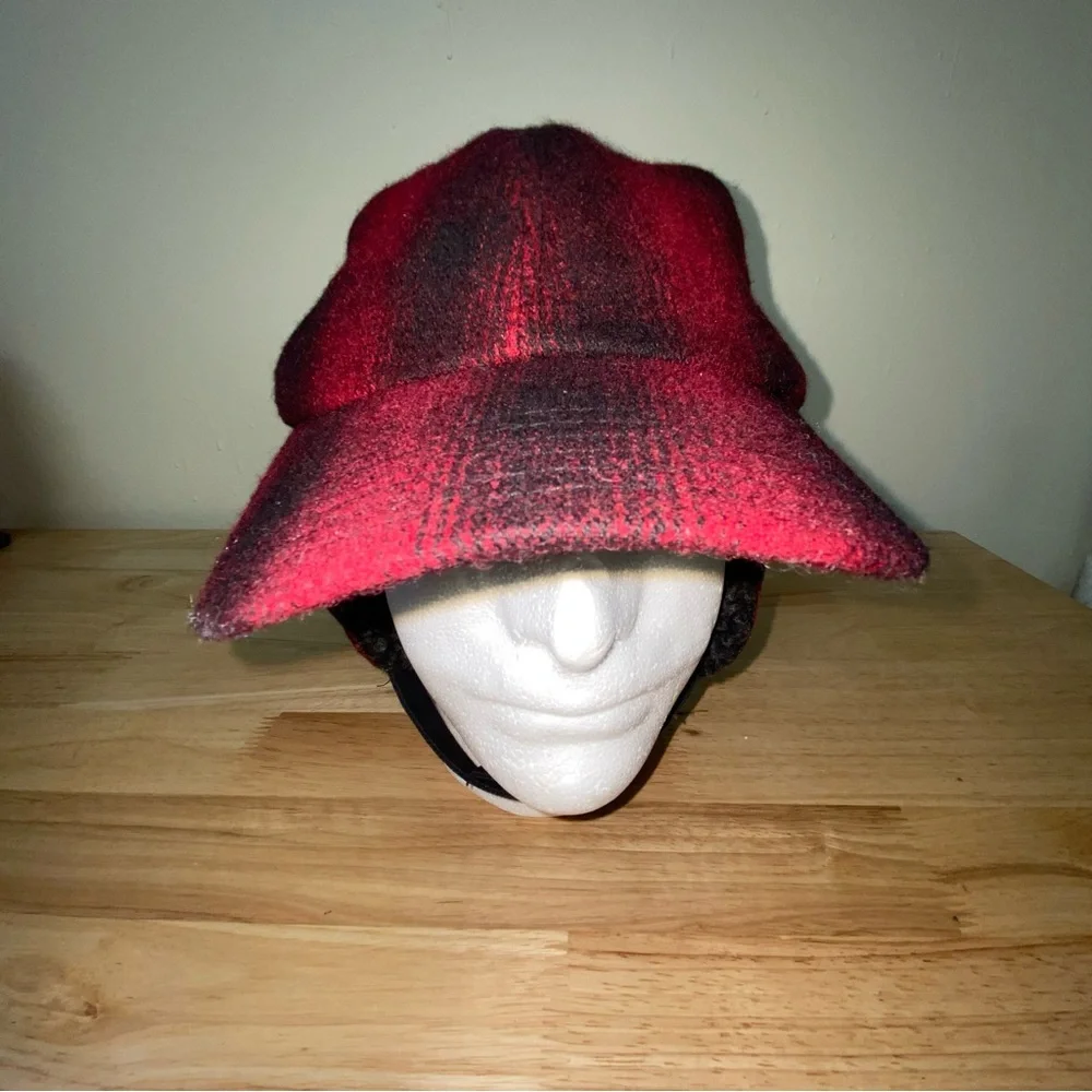 Wool Trapper Hat Unisex M /L Cap Ear Flaps Red Buffalo Plaid Winter Hunting